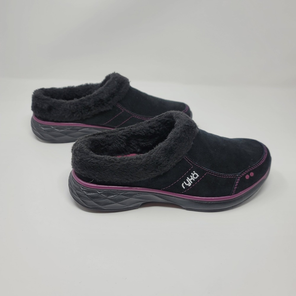Ryka Womens Black Purple Suede Faux Fur Comfort Slip On Clogs Mules 7.5W New - Picture 5 of 10